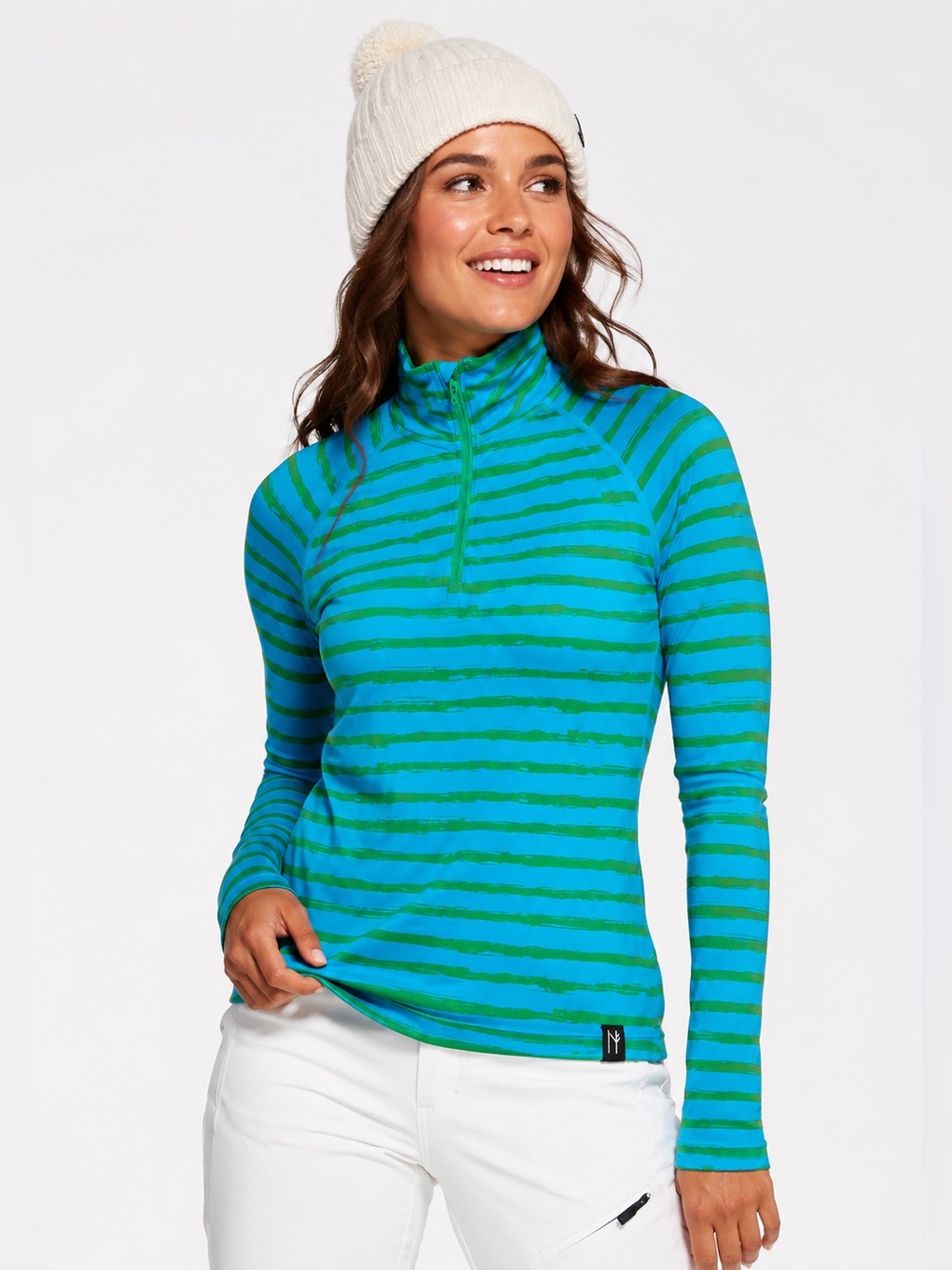 Neve Blue Green Striped Quarter-Zip Performance Top Ski Base layer S